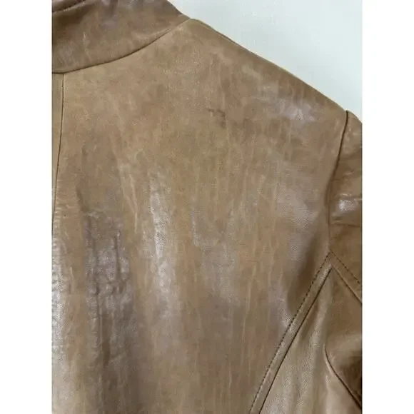 Leather Blazer Jacket with Mao Collar, Front Pockets – Brown Approx. Size M - Picture 9 of 15